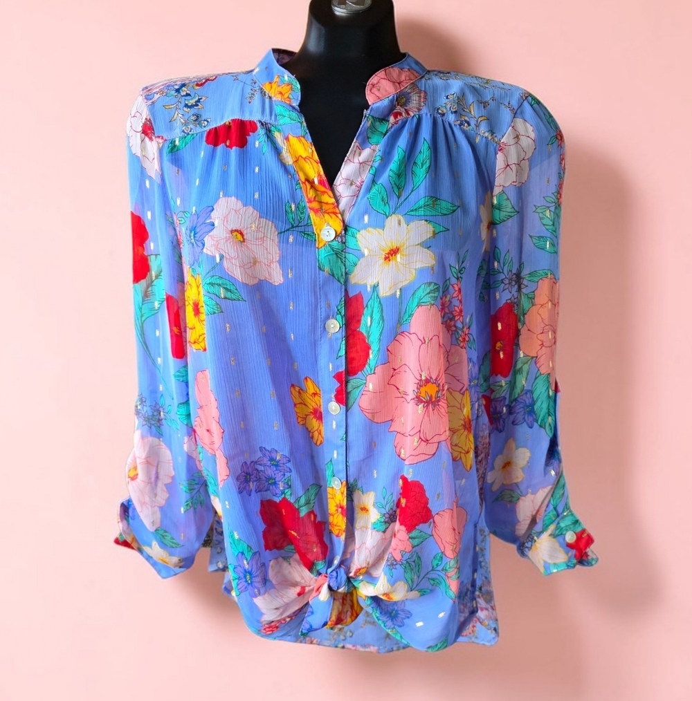 Figueroa & Flower Periwinkle Blue Vibrant Floral Semi-Sheer V-neck Blouse